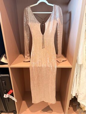 Long Sleeve Sequin Midi Dress in Rose Gold